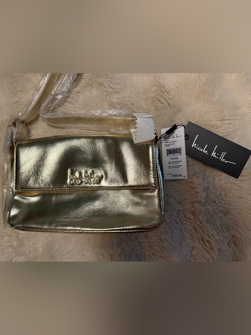 Nicole Miller New York Metallic Gold Crossbody Bag NWT $60 Evening Purse